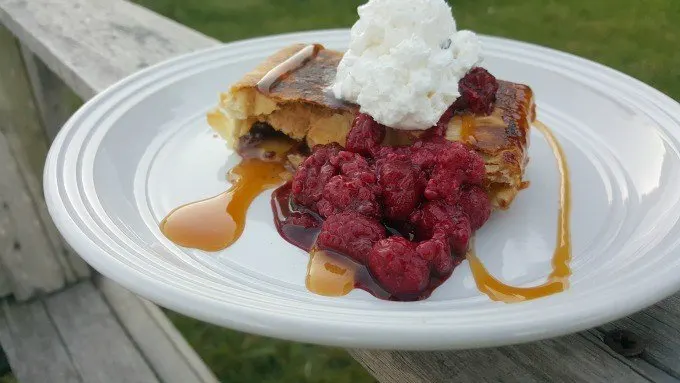 S'more Pie with caramel and raspberries