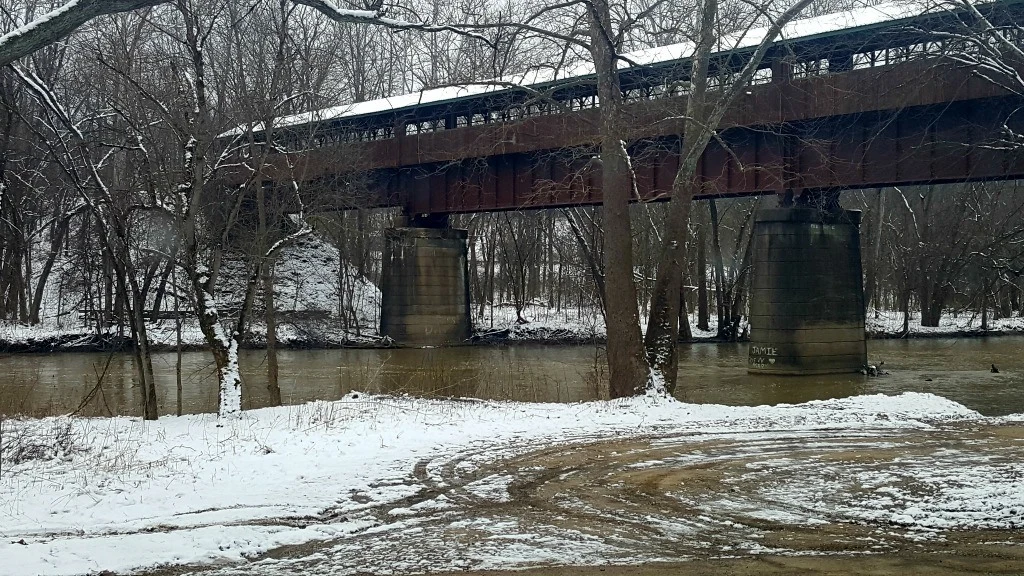 The Bridge of Dreams spanning the Mohican River in the Snow